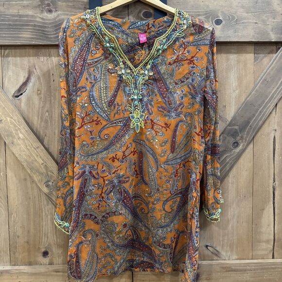 Raj 100% Silk Ladies Orange Boho Long Tunic Top Swim Cover Embroidered Med M - Picture 2 of 4